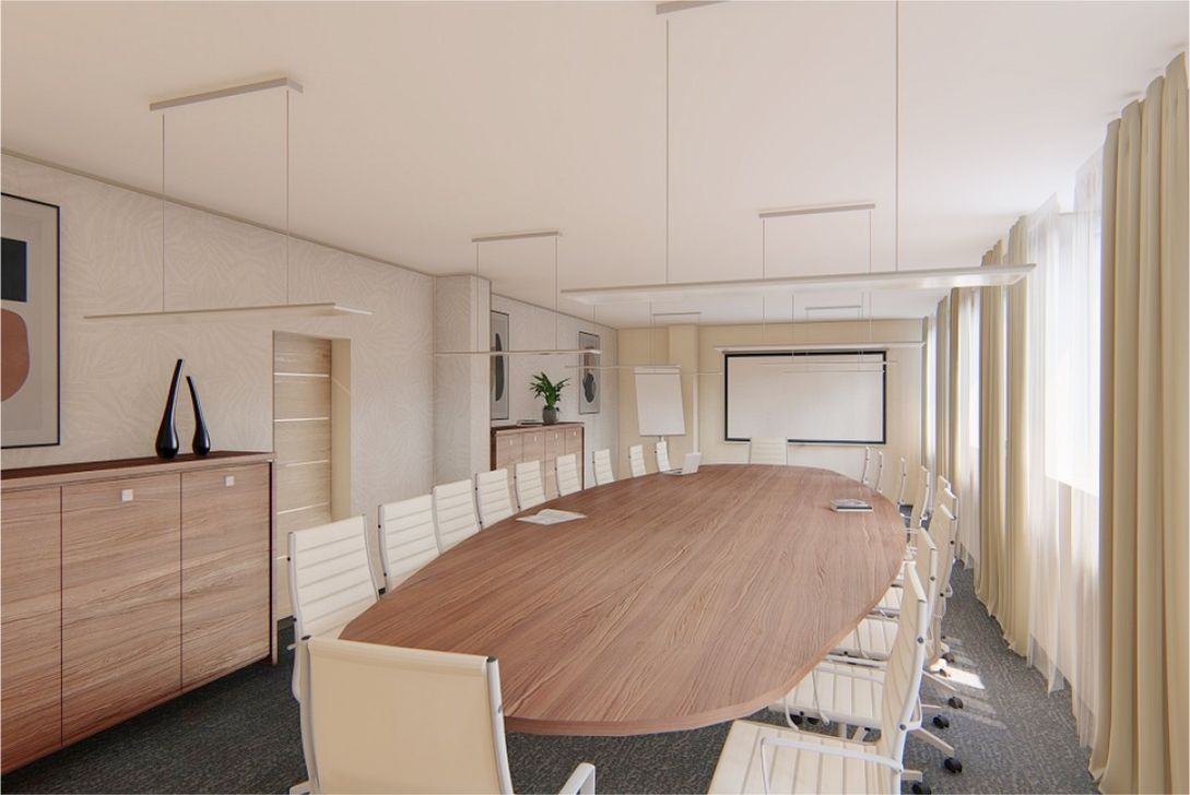 Jednací místnost s velkým dřevěným stolem