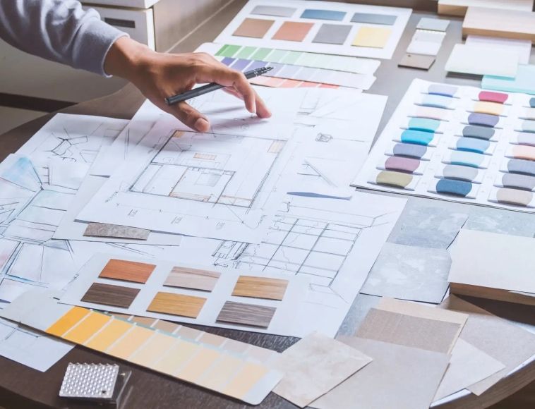 Ruka s propiskou nad architektonickými plány